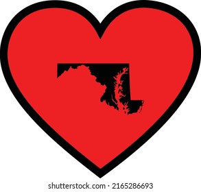 Black Map of US federal state of Maryland inside red heart shape with black stroke