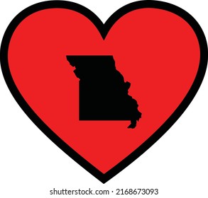 Black Map of US federal state of Missouri inside red heart shape with black stroke