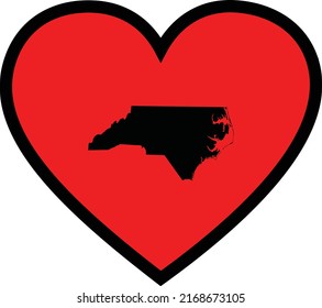 Black Map of US federal state of North Carolina inside red heart shape with black stroke