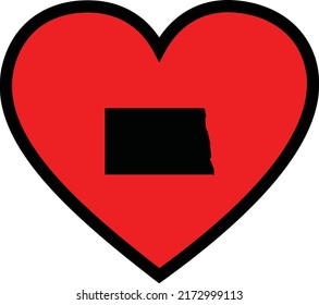 Black Map of US federal state of North Dakota inside red heart shape with black stroke
