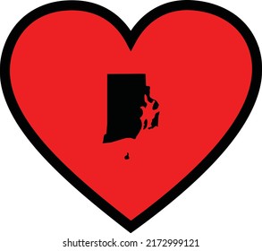 Black Map of US federal state of Rhode Island inside red heart shape with black stroke
