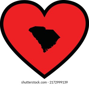 Black Map of US federal state of South Carolina inside red heart shape with black stroke