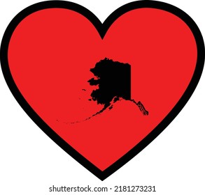 Black Map of US federal state of Alaska inside red heart shape with black stroke