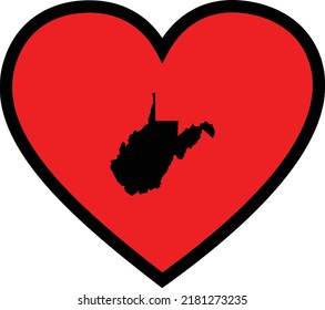 Black Map of US federal state of West Virginia inside red heart shape with black stroke