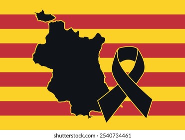 Black map of Valencia with a mourning ribbon on a red and yellow striped flag