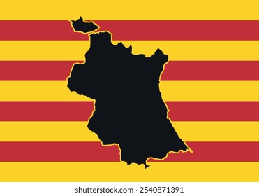 Mapa negro de Valencia (España) sobre una bandera de rayas rojas y amarillas