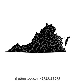 Black map of Virginia with its counties isolated on white background. Vector illustration