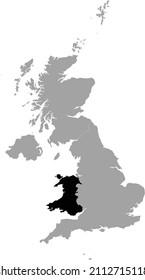 Black Map of Wales within the gray map of United Kingdom