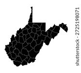 Black map of West Virginia with its counties isolated on white background. Vector illustration