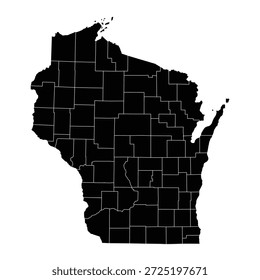 Black map of Wisconsin with its counties isolated on white background. Vector illustration