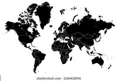 Black map of world with countries borders. Very high level of accuracy with satellite