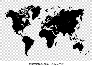 Black map of world on transparent background. Vector illustration Eps 10. Monochrome template for website, design, cover, annual reports, infographics. Flat Earth Graph illustration.