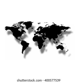 Black map of the world  with shadow on a white background