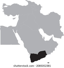 Black Map of Yemen inside the gray map of Middle East region of Asia