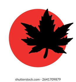 A black maple leaf silhouette against a red circle background. The design symbolizes nature and Canada, representing autumn and cultural identity.