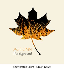 Black maple leaf with yellow grass. Autumn background.