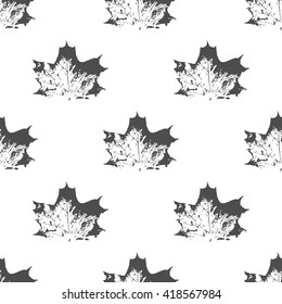Black maple leaves imprints seamless pattern on white background