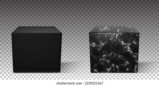 Black marble 3d render cube podium in vector. Blank realistic luxury surface for mockup template. Vector texture pedestal. 