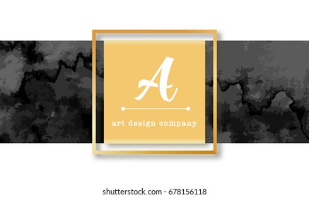 Black marble hand drawn texture, business card template, golden frame, letter A. Watercolour vector illustration.
