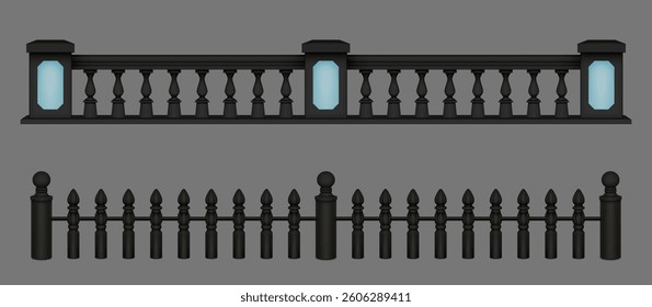 Black marble and iron balustrades set isolated on background. Vector realistic illustration of antique style fence for park or porch, balcony rail with columns, classic palace or castle decoration