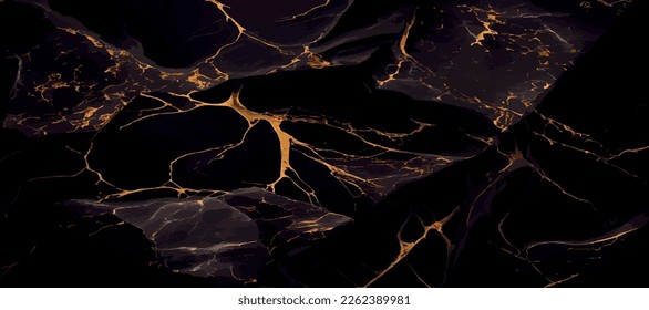 Diseño de textura panorámica de mármol negro, superficie de mármol oscuro de colores, líneas doradas curvadas, diseño de fondo abstracto brillante - Ilustración vectorial