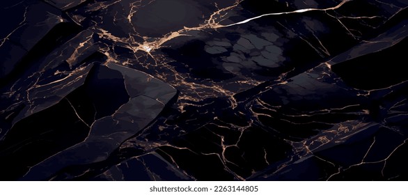 Black marble panoramic texture design, colorful dark marble surface, curved golden lines, bright abstract background design - Vector illustration