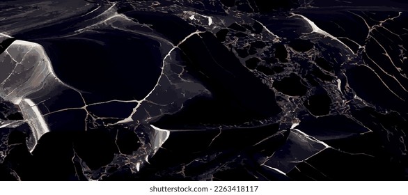 Black marble panoramic texture design, colorful dark marble surface, curved golden lines, bright abstract background design - Vector illustration