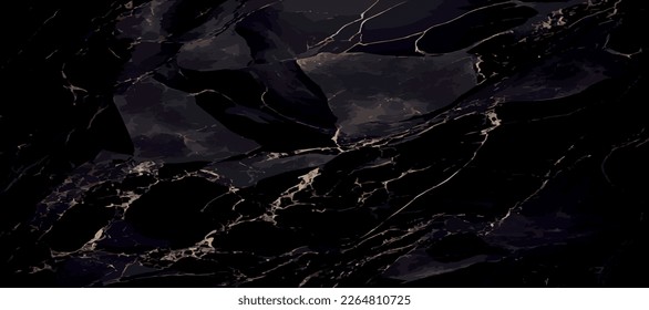 Black marble panoramic texture design, colorful dark marble surface, curved golden lines, bright abstract background design - Vector illustration