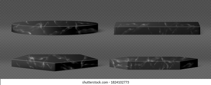 Black marble pedestals for display cosmetic product, exhibit or trophy. Vector realistic set of empty stone podiums, platforms different shapes isolated on transparent background