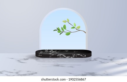 Black marble podium display for product exhibition decorated with realistic leaf. Vector design background.