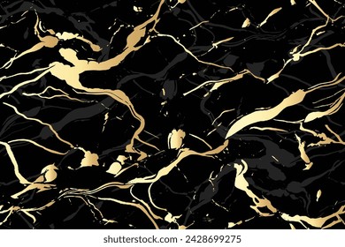 Schwarzer Marmortexturhintergrund mit goldenen Adern, Schwarzer Marmor natürliches Muster für Hintergrund, Abstrakter schwarzer Weiß und Gold, Schwarzer und gelber Marmor für keramische Wand- und Bodenfliesen Illustration.
