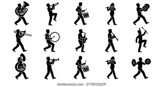 Black marching band vector icons showing parade musicians playing instruments in flat silhouette style for entertainment and music projects.