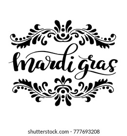 Black Mardi Gras Lettering isolated on white background. Holiday Banner with Swirl Elements and florishes designs.