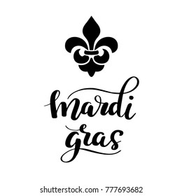 Black Mardi Gras Lettering isolated on white background. Holiday Banner with royal lily flower and florishes designs.