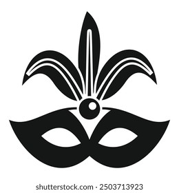 Black mardi gras mask with a big gem and three feathers on top, for carnival and celebration design