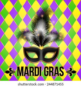 Black Mardi Gras mask with feathers, vector greeting card template