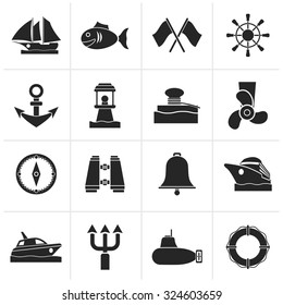 Black Marine, sea and nautical icons - vector icon set