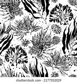 Black marine seamless pattern with lionfish, seaweed, seashell. Black ink texture. Spots and splashes on a separate layer.