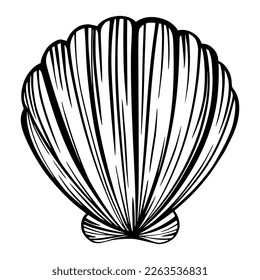 Black marine seashell, oyster or mollusk for design of invitation, fabric, textile, etc. Vector outline sketch black isolated illustration.
