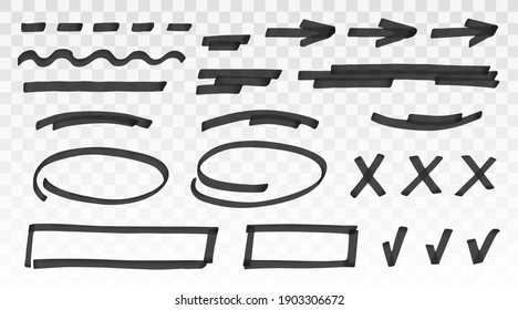 Schwarzer Marker oder Pinselstrich - Linien, Pfeile, Kreuze, Scheck, oval, Rechteck einzeln auf transparentem Hintergrund. Schwarze Highlighter unterstreichen Schlagzeilen. handgezeichnetes, grafisches Element mit Vektorgrafik