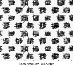 Black marker drawn simple scribble squares.Hand drawn with paint brush seamless background. Abstract texture. Modern irregular tilable design.