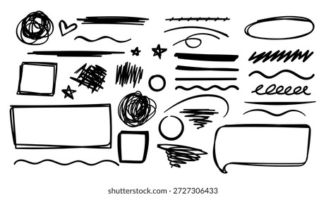 Black Marker Hand Drawn Scribble Collection and Design Elements. Vector Illustration