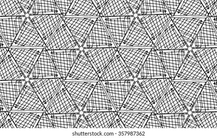 Black marker hatched hexagons in row.Free hand drawn with ink brush seamless background. Abstract texture. Modern irregular tilable design.