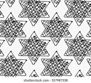 Black marker hatched stars.Free hand drawn with ink brush seamless background. Abstract texture. Modern irregular tilable design.