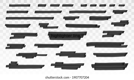 Black marker lines, brush stroke set isolated on transparent background. Black highlighter underline strokes. Vector hand drawn graphic stylish element