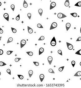 Black Marker location with SOS icon isolated seamless pattern on white background. SOS call location marker. Map pointer sign. SOS pinpoint sign with text.  Vector Illustration