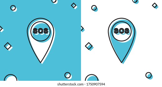 Black Marker location with SOS icon isolated on blue and white background. SOS call location marker. Map pointer sign. SOS pinpoint sign with text. Random dynamic shapes. Vector Illustration