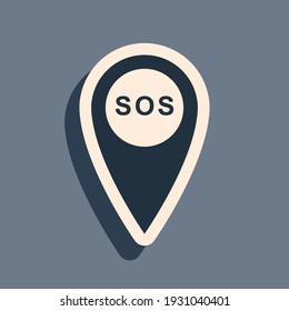 Ubicación del marcador negro con icono SOS aislado en fondo gris. Marcador de ubicación de llamada de SOS. Indicador de mapa. Señal de puntería SOS con texto. Estilo de sombra larga. Ilustración vectorial