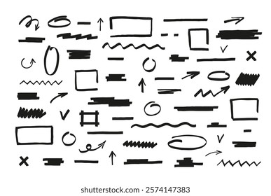 Black marker pen lines and shapes vector set. Permanent marker or brush pen hand drawn underline strokes, arrows, cross and check mark. Wavy and zigzag brush lines, geometric shapes