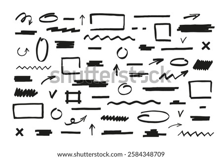 Black marker pen lines and shapes vector set. Permanent marker or brush pen hand drawn underline strokes, arrows, cross and check mark. Wavy and zigzag brush lines, geometric shapes